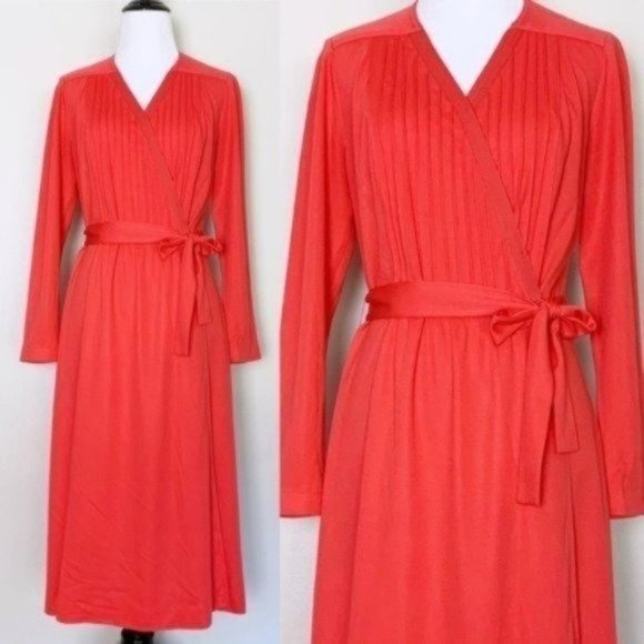 Vintage 60s 70s Edith Flagg Red Pleated Long Sleeve Midi Wrap Dress Small - Picture 1 of 12